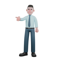 Professional Male in 3D. A male financial analyst is standing with his right hand pointing forward. Cartoon Illustration