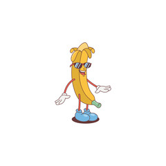Meet the Banana Mascot! This groovy, retro character is rocking sunglasses and full of cheerful energy. Perfect for adding playful vibes to any design. Vector illustration.