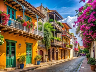 Fototapeta premium Vibrant street scene in Cartagena's old town, Colombia, featuring colorful colonial architecture, ornate balconies, and