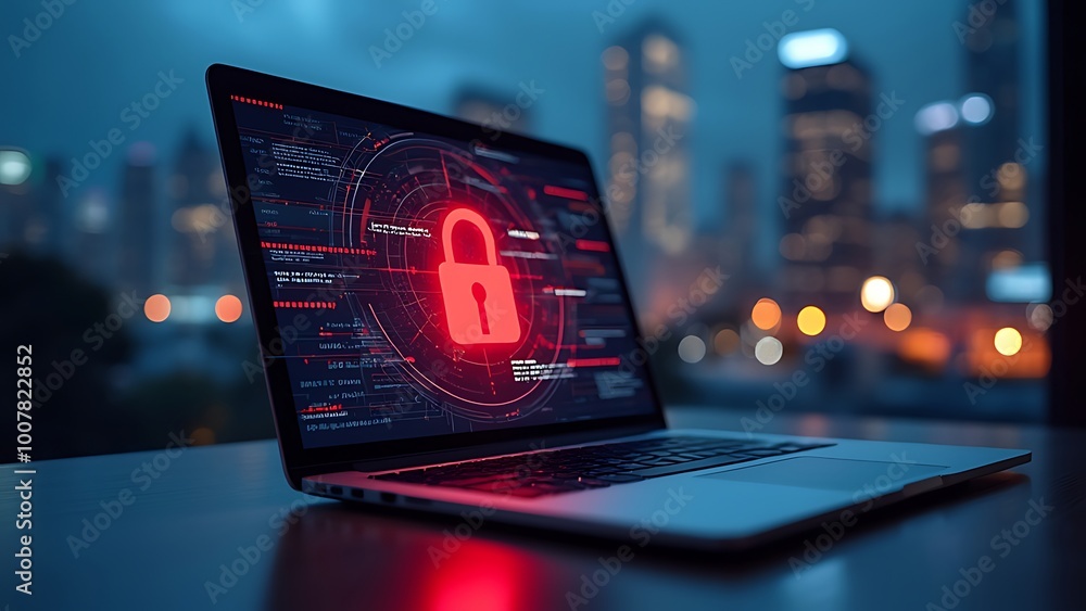 Poster hacker attack. security breach, system hacked, internet cyber attack alert with red broken padlock, 
