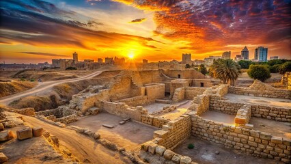 Vibrant sunset casting warm glow on ancient Tel Beer Sheva archaeological site, Israel, with ruins of biblical city's