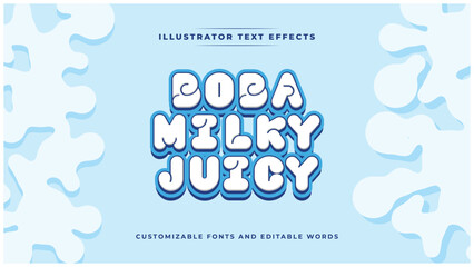 Boba Milky Juicy: Bold, playful text effect with a fresh blue theme. Doodle-style letters perfect for posters, magazines, food shops, and snacks. Ideal for designs appealing to kids and teens.