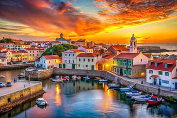 Vibrant sunset casts a warm glow over Peniche's colorful historic buildings, picturesque harbor, and busy streets,