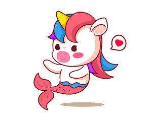 Cute Unicorn as Mermaid Cartoon Vector. Adorable and Kawaii Animal Concept Design. Hand drawn style. Icon Mascot Logo Illustration. Isolated White Background.