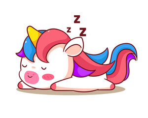 Cute Unicorn Sleeping Cartoon Vector. Adorable and Kawaii Animal Concept Design. Hand drawn style. Icon Mascot Logo Illustration. Isolated White Background.