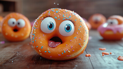 Fun and colorful animated donuts celebrating National Fast Food Day with cheerful expressions