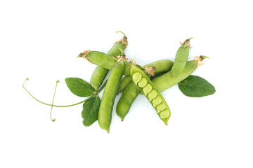 Pea pods surrounded by a green leaf with a pointed tip