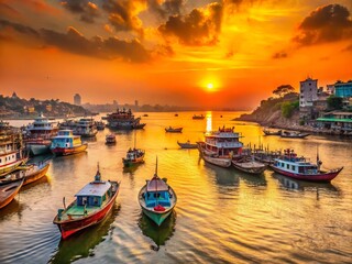 Fototapeta premium Vibrant sunset over bustling waterfront of Chittagong, Bangladesh, with colorful boats and ships docked along the