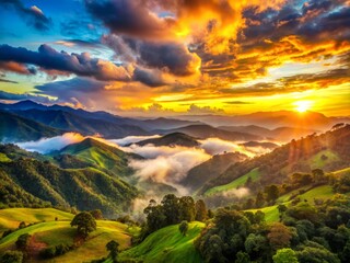 Vibrant sunset over the Andes mountains, with lush green forests and misty clouds, showcasing Colombia's stunning