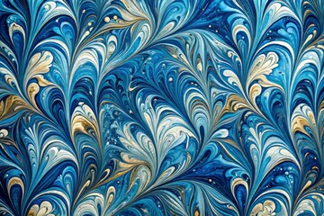 Vibrant, swirling patterns of blue and white marbled paper, created through traditional Turkish ebru technique, glisten