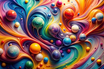 Vibrant, swirling liquid paint droplets merge and blend on a white background, creating an abstract, mesmerizing