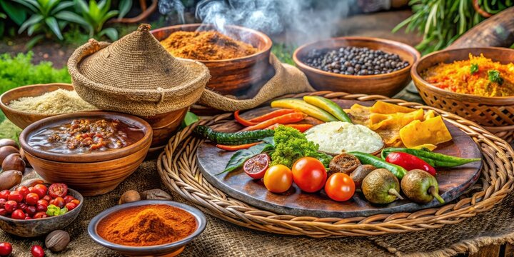 Vibrant traditional Ethiopian injera bread sits atop a woven basket, surrounded by juicy fresh vegetables, exotic