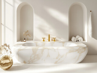 Opulent Cleanliness: Luxurious White Bathroom with Trough-Style Marble Sink