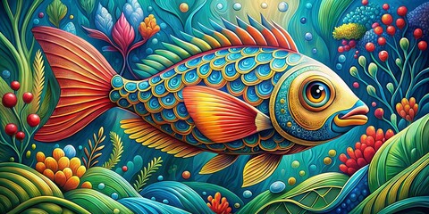 Vibrant, whimsical illustration of a stylized fish with bold lines, bright scales, and expressive eyes, swimming amidst