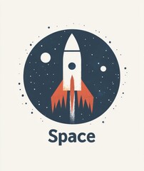 A modern flat vector logo for "Space" featuring a simple rocket soaring through a starry sky.