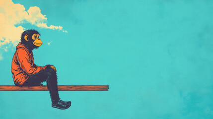 Naklejka premium A chimp in an orange hoodie sits on a plank with a blue sky behind him.