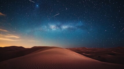 Celestial Wonders Over Desert Dunes, A breathtaking night sky adorned with shooting stars illuminates tranquil desert dunes, evoking a sense of wonder and serenity.
