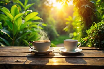 Warm sunlight casts a gentle glow on a steaming cup of coffee sitting on a rustic wooden table