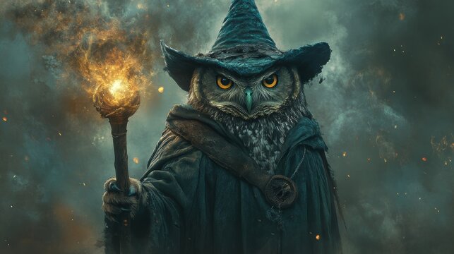 Wise Owl Wizard with Flaming Torch and Mystic Smoke