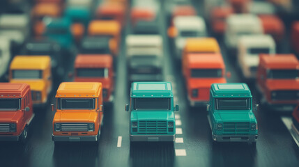 Obraz premium A line of toy trucks in a traffic jam.