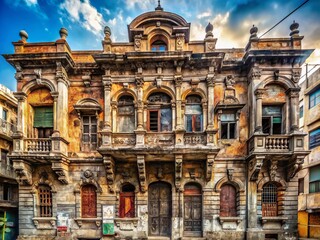 Fototapeta premium Weathered stone façade of a historic urban building featuring intricate carvings, rusty metal accents, and vibrant