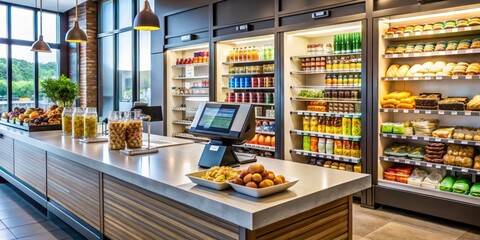 Well-lit store interior with a tidy counter, rows of snacks and beverages, and a high-tech payment terminal awaiting