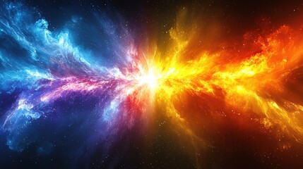Abstract cosmic background with fire and ice clashing in the middle.