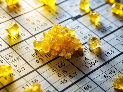 Yellow sulfur crystals scattered on a periodic table printout, highlighting element number 16, surrounded by other