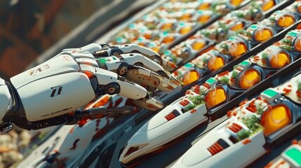 Futuristic Robotic Hand Reaching for Sushi on Conveyor Belt