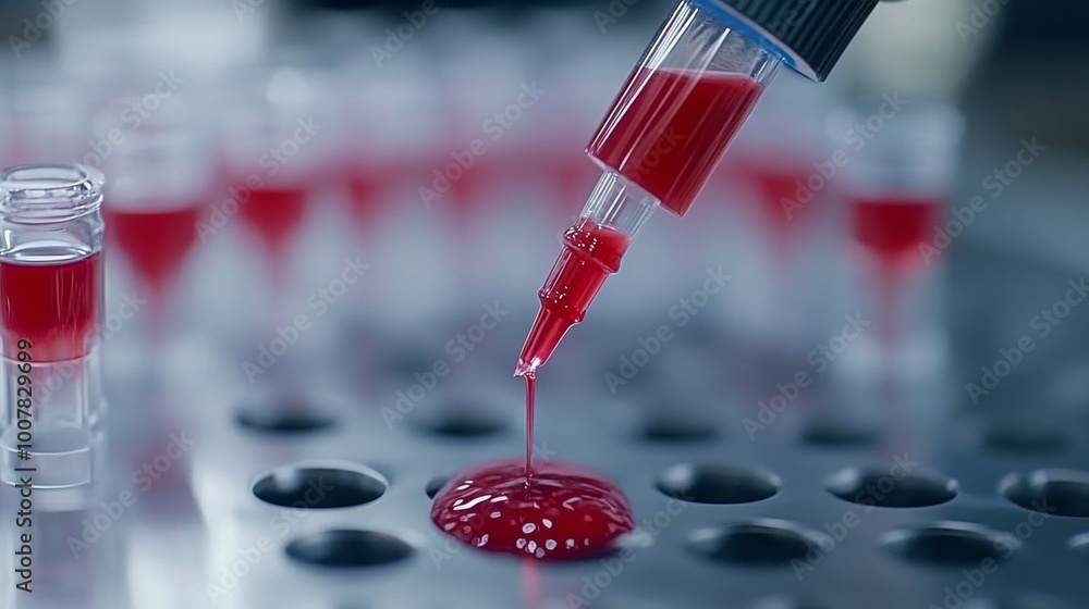 Poster red liquid dropping into test tubes in lab setting