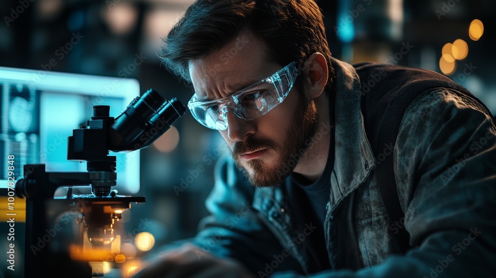 Poster focused scientist examining sample through microscope in laboratory