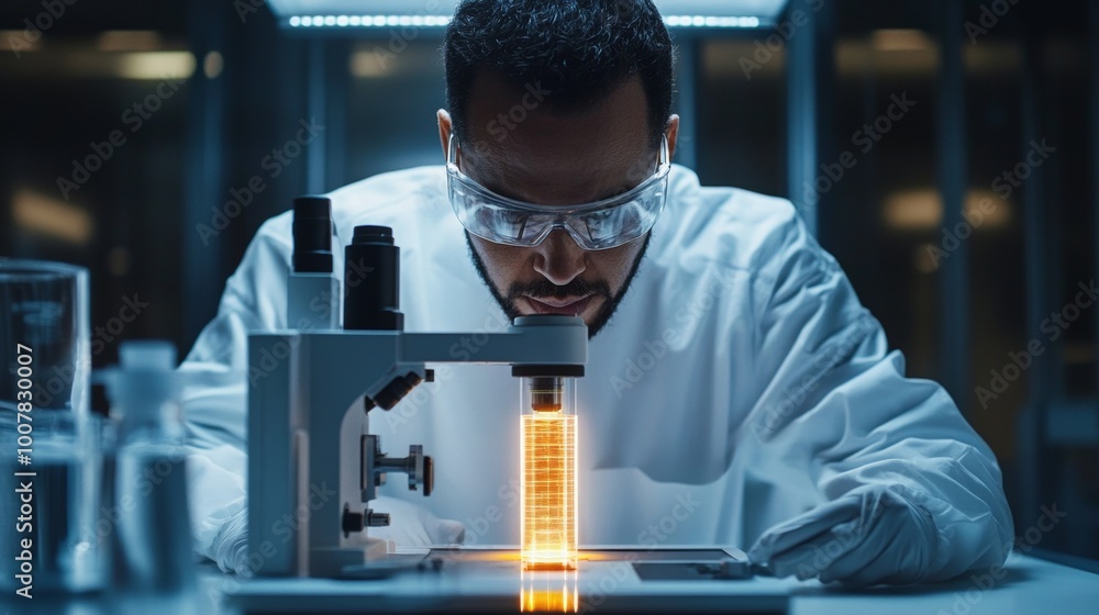 Poster scientist examining sample through microscope in laboratory