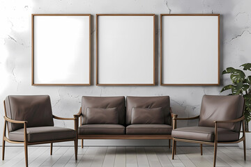 Modern living room featuring stylish brown leather furniture and three empty frames on a textured...