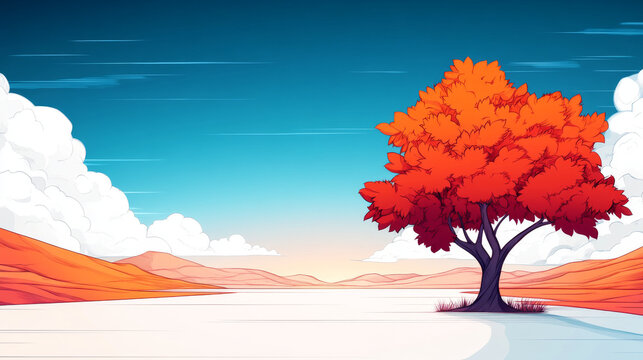 Vibrant red tree in a whimsical landscape