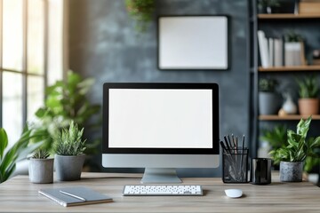 Fototapeta premium Modern workspace with desktop computer and plants