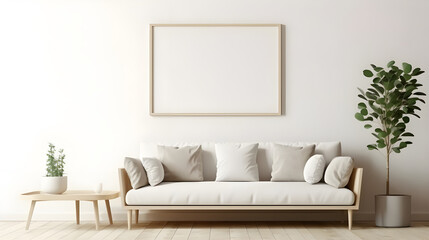 Minimalist living room with a blank canvas above a white sofa