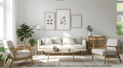 Minimalist living room with three framed prints above a white sofa