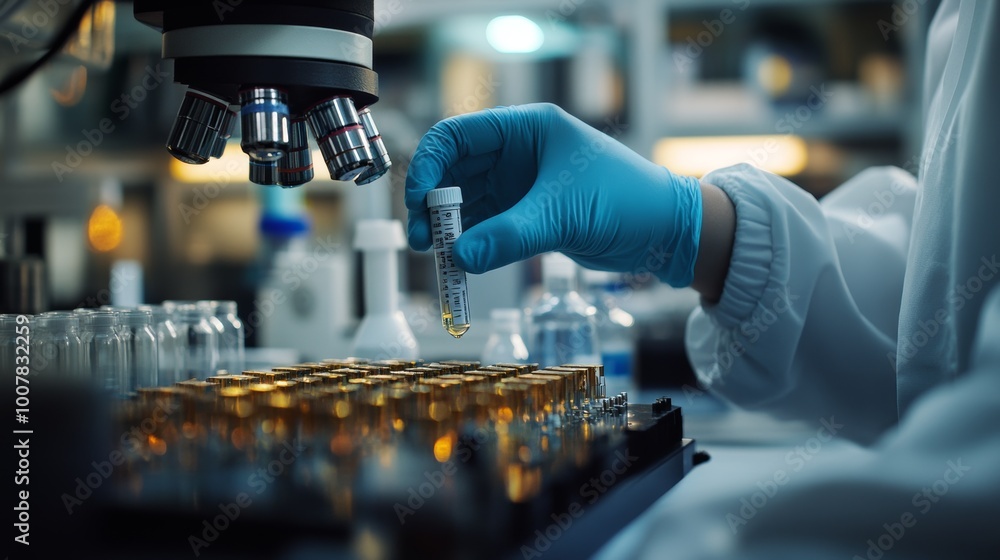 Poster scientist holding test tube in lab with microscope and samples