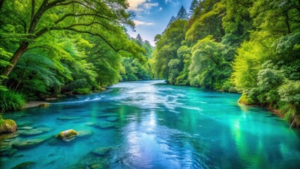 Fototapeta premium Clear blue river flowing between lush green trees, river, water, nature, trees, green, foliage, peaceful, tranquil