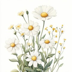 Fototapeta premium A botanical illustration featuring various white flowers with yellow centers and green foliage.