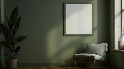 Modern room with a blank framed poster on a green wall