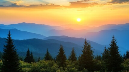 Majestic Sunset Over Mountains with Lush Pines, a breathtaking view where vibrant colors blend in the sky, highlighting the serene silhouettes of towering mountains and thriving green pines.