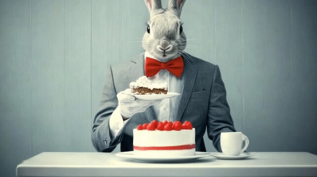 Rabbit in a suit enjoys a slice of cake