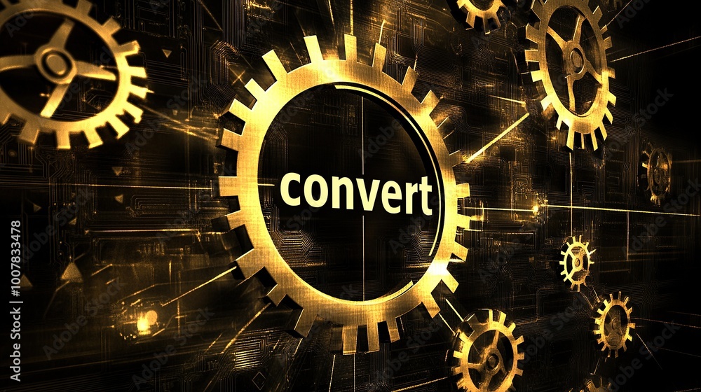 Poster golden gears and processor systems emphasizing conversion technology