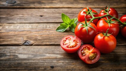 Fresh tomatoes cut in half on a rustic wooden table, tomato, fresh, juicy, garden, organic, ripe, red, healthy, agriculture