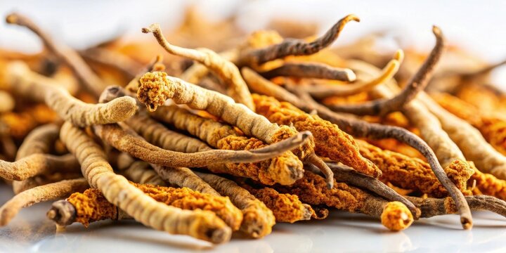 Close up of Ophiocordyceps sinensis, a nourishing Chinese herb , mushroom, cordycep, background, close up