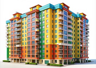 Stylish high-rise residential structure boasts a modern facade, embracing European architectural aesthetics in pristine