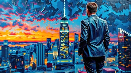 Obraz premium A blurred business professional stands at the edge of a cityscape, hands casually tucked in pockets, as a stunning office tower gradually emerges from the serene nighttime sky.