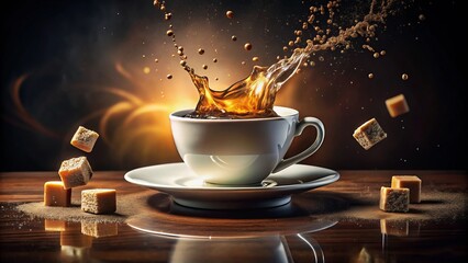 Sugar cubes tumble into a steaming coffee cup, causing mesmerizing swirls and ripples to dance across the warm