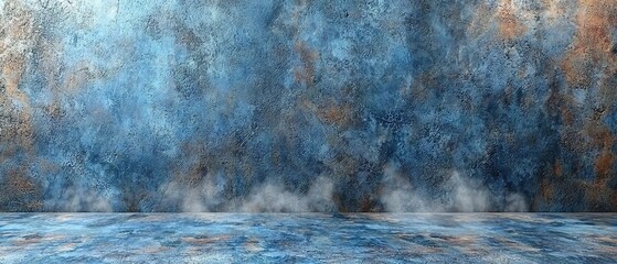 Abstract blue and brown textured wall with a textured floor.